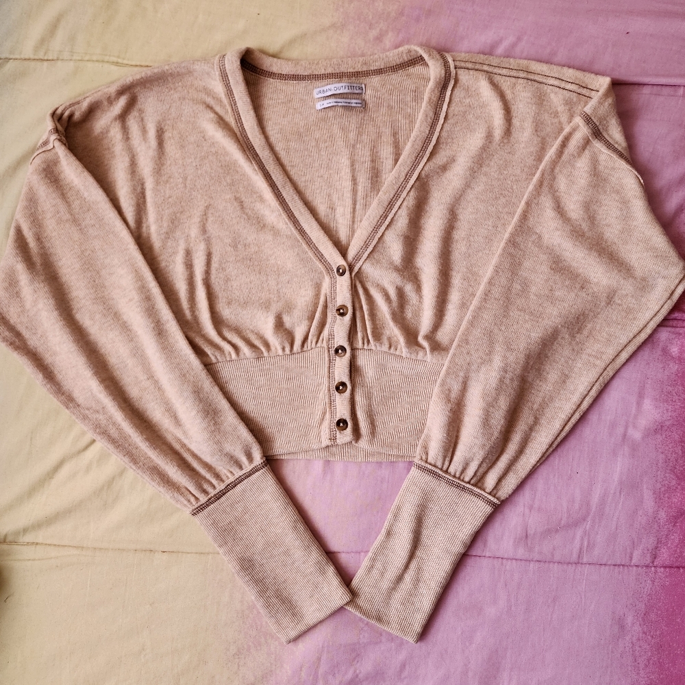 Urban Outfitters Tan/Beige Soft Cropped Button Up Sweater Size S